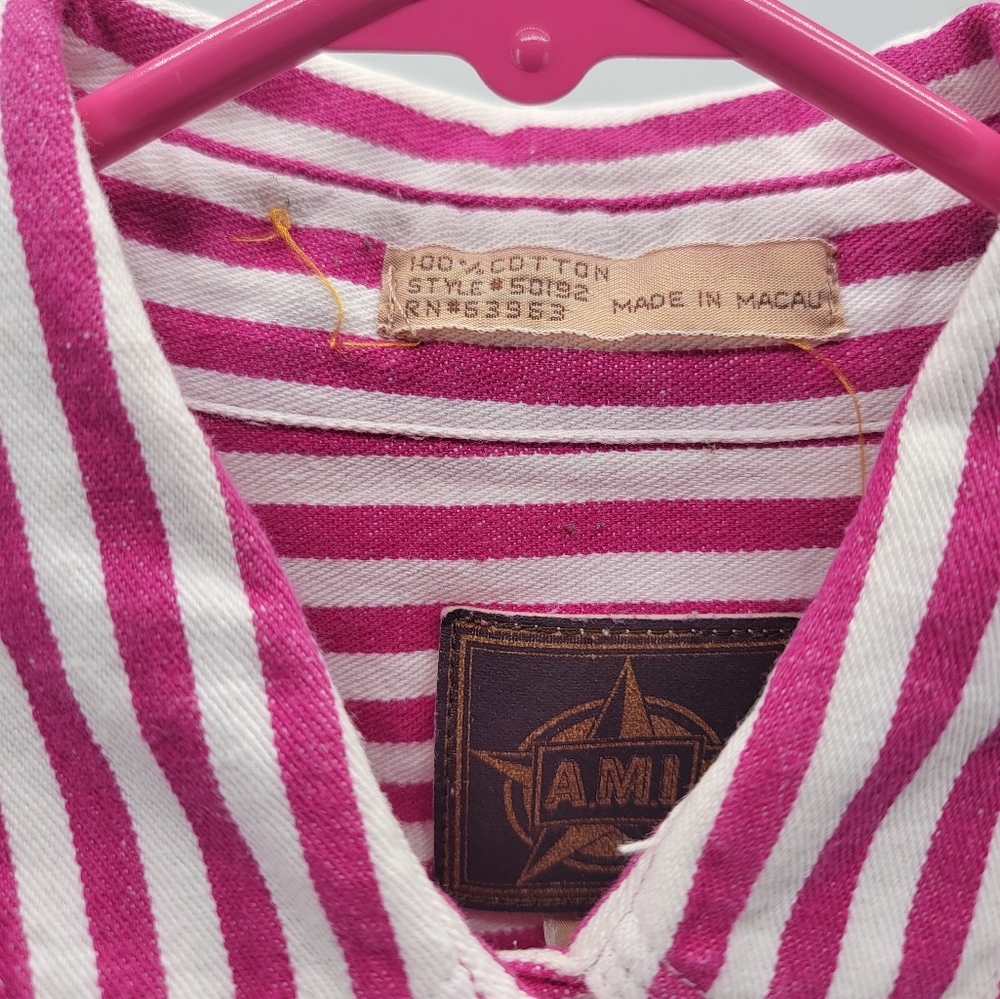Vintage A.M.I. Womens Size Small Pink White Striped Button Up Short Sleeve Shirt - Picture 5 of 8